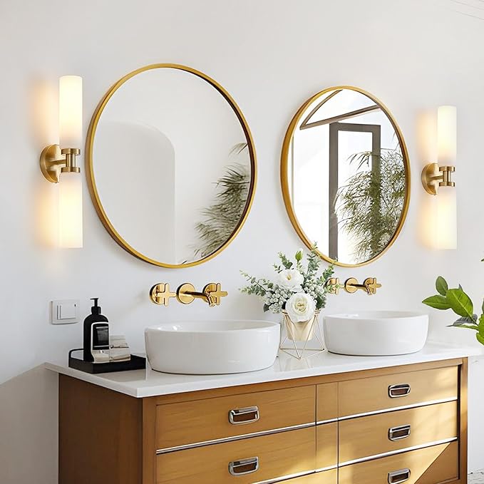 2 Light Brushed Brass Gold Bathroom Light Fixture Over Mirror, Modern Farmhouse Bathroom Vanity Lights with Milky White Frosted Glass Shade, Wall Sconce for Hallway Cabinet Bedroom Porch