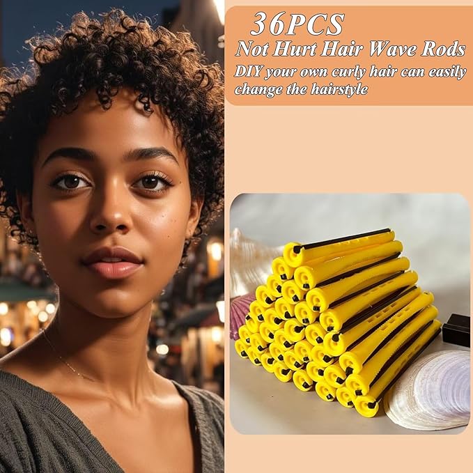 Perm Rods Set for Natural Hair - 36pcs Yellow Cold Wave Rods Plastic Hair Rollers for Short Long Hair Curling Rod with Rat Tail Comb(36pcs Yellow)