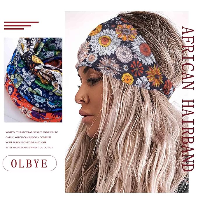 Olbye Wide Boho Headbands Floral Stretch Head Wraps Bohemian African Turban Hairbands Knotted Bandana Headband Yoga Running Head Scarfs Workout Hair Accessories for Women 4Pcs (Floral, 9.4 * 5.9'')