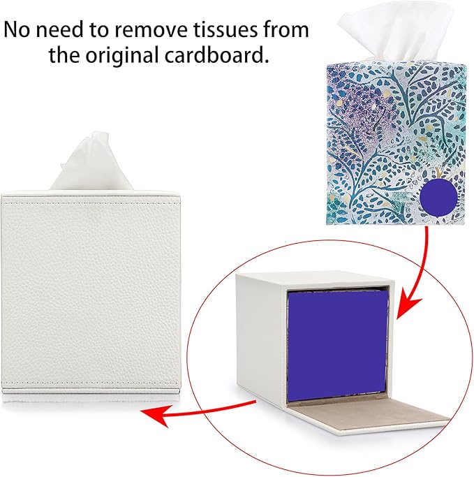 Sumnacon Tissue Box Cover Square Tissue Box Stylish PU Tissue Box Holder with Magnetic Bottom, Cube Leather Tissue Cover for Living Room Bathroom Table Desk Home Office Car, White