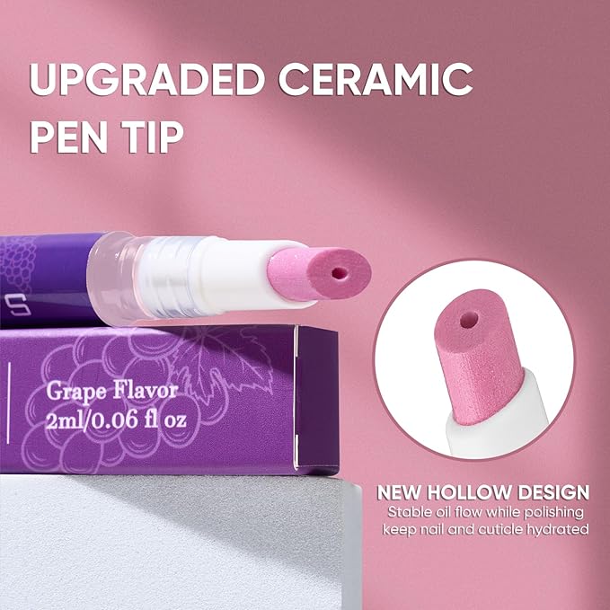 Ceramic Cuticle Pusher & Oil Pen, 2ml Grape Scented Nail Care Pen, Gentle Cuticle Remover for Dry & Damaged Nails, Moisturize Strengthen Brighten (Grape3.0)