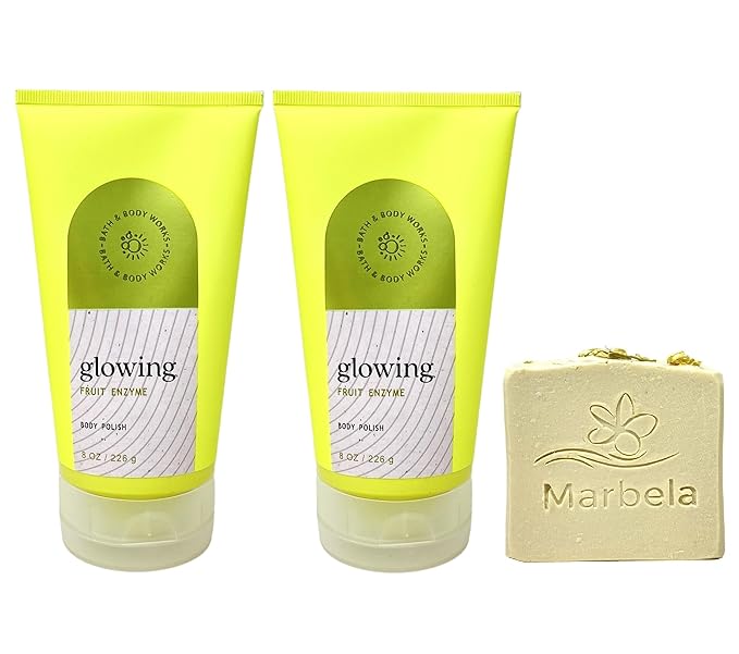 Bath & Body Works Glowing With Fruit Enzyme 2 Pack Body Polish Bundle with a 4 oz Marbela Wild Jasmine Bar Soap