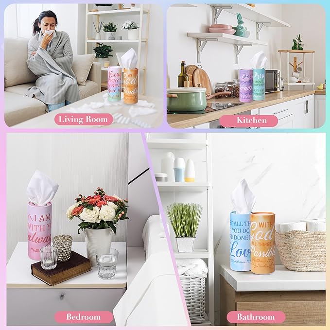 Outus 12 Pcs Christian Car Tissues Cylinder Holder with 3 Ply Facial Tissue Bulk Watercolor Religious Tissue Holder Travel Tissues Boxes Container for Home Mother's Gift for Church Ladies