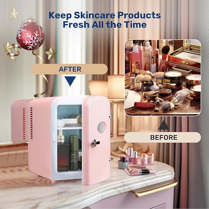 HealSmart Mini Fridge Portable 4 Liter/6 Can with Observation Window, Cooler&Warmer Small Desk Compact Refrigerator for Skin Care, Cosmetics, Beverage, Food in Bedroom, Car, Office, Dorm, Pink
