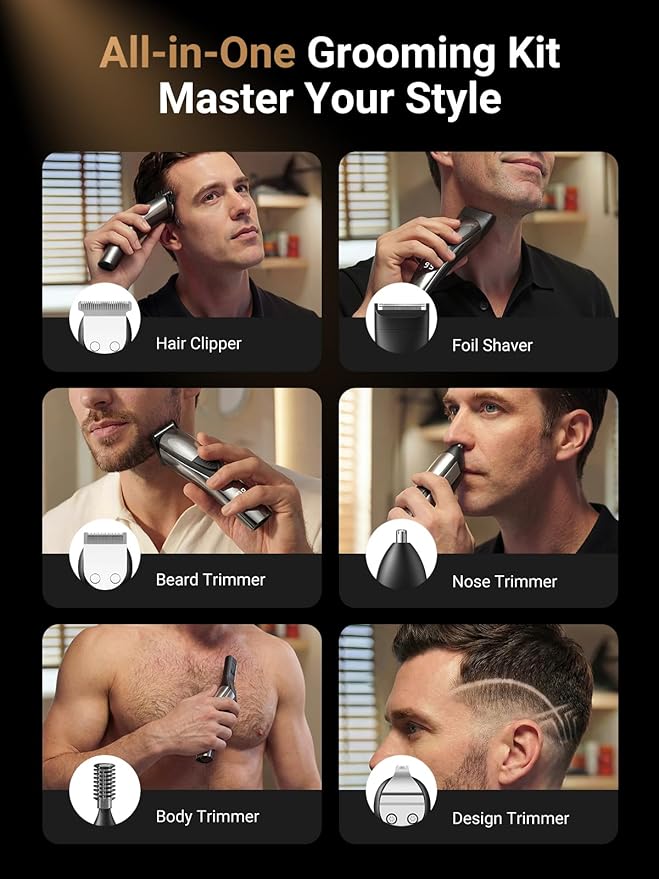 SHPAVVER Beard Trimmer for Men: Professional Barber Hair Clippers - 12-in-1 Cordless Grooming Kit - Waterproof Electric Razor with Turbo Speed & Precision Blades