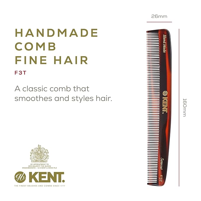 Kent F3T Tortoise Fine Tooth Comb - Hair Parting and Straightening Comb for Men's & Women's Dandruff Remover, Saw Cut and Hand Polished Made in England