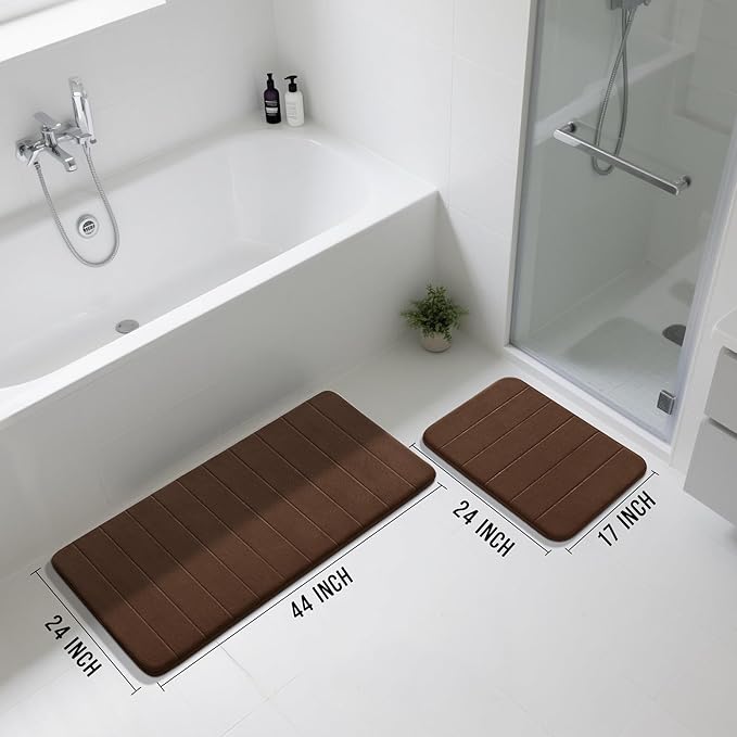 Yimobra Large Bath Mat Set 2 Piece- Super Soft Absorbent Quick Dry Memory Foam Bathroom Rugs, Machine Washable Non Slip Floor Carpet for Tub Shower & Double Vanity (17x24 & 44x24, Brown)