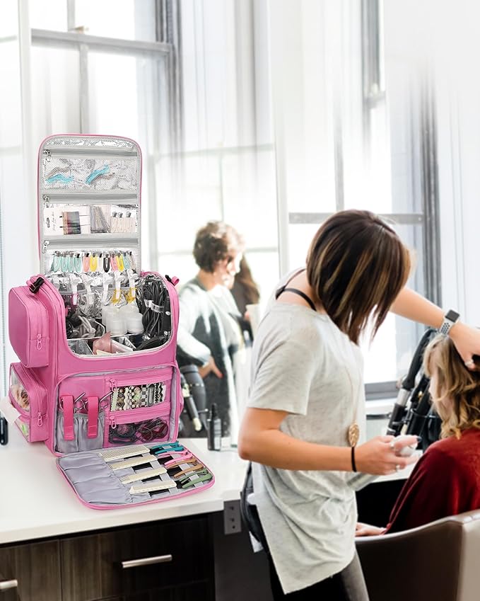 Relavel Hair Tools Travel Bag Hair Stylist Backpack Hairdresser Cosmetology Bag, Heat Insulation Full Layer for Curling Iron, Hair Straightener, Travel Accessories Case Barber Organizer (Rose Pink)