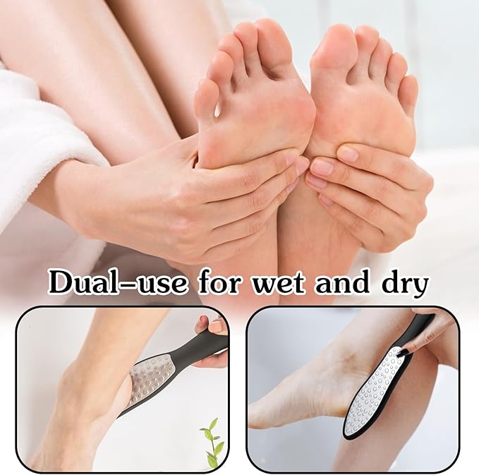 Foot Files Callus Remover Stainless Steel Foot Rasp and Dual Double-Sided Long Handle Foot Scrubber for Dead Skin Foot File Callus Remover, Black