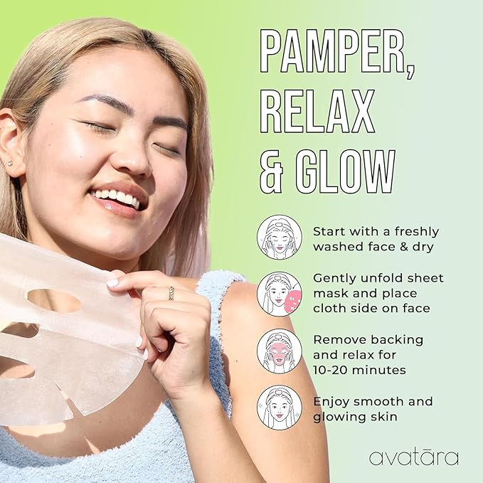 Avatara Chill Out Face Masks, 15 Sheets, Hydrating Aloe Vera, Soothing Skin, Unisex