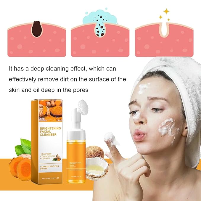 Yaper 2 Pcs Turmeric Brightening Facial Cleanser,Deep Cleansing Glow Wash Turmeric Face Foaming Wash with Brush for All Skin.