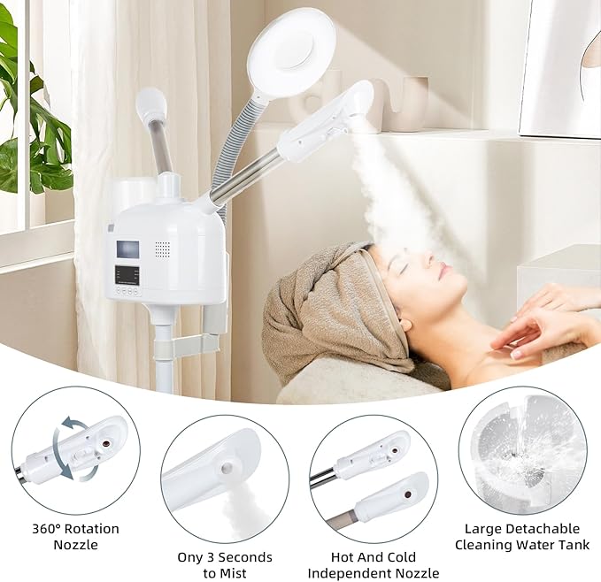VARIPOWDER 3 in 1 Professional Facial Steamer for Face with Hot & Cold Nozzle 5X Magnifying Lamp Facial Steamer for Esthetician vaporizador Facial Use at Home or Spa