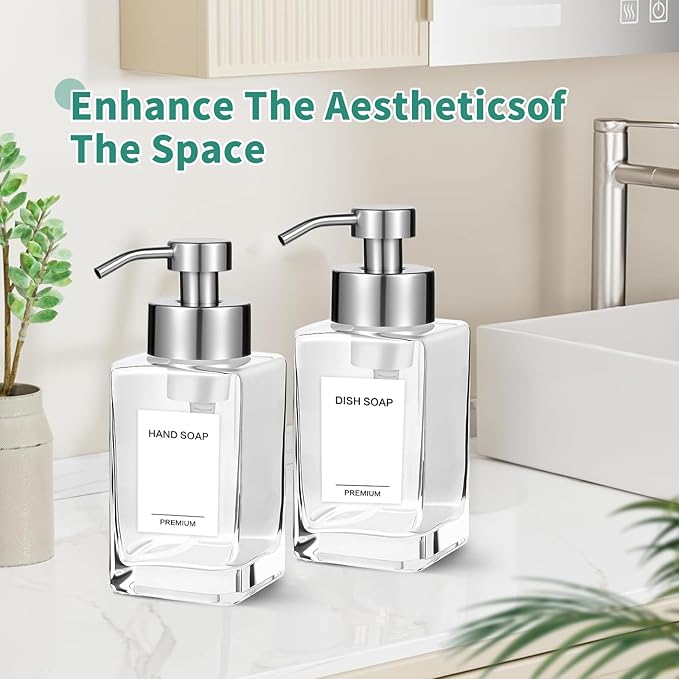 Foaming Soap Dispenser, 12oz/350ml Glass Foaming Hand Soap Dispenser Set,Refillable Foam Dispenser with Foaming Pump, Labels, Square Hand Dispenser for Bathroom, Kitchen 2 Pack