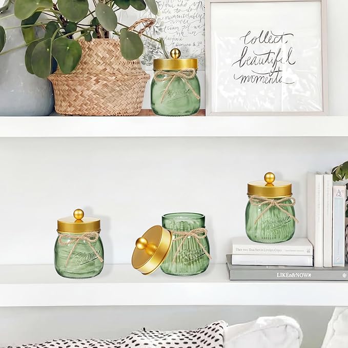 SheeChung Green Glass Qtip Holder Dispenser, Mason Jar Apothecary Jars with Lids, Bathroom Organizers and Storage, Vanity Countertop Canisters Set for Cotton Swab, Ball, Pad, Floss Pick-Gold, 1 Pc