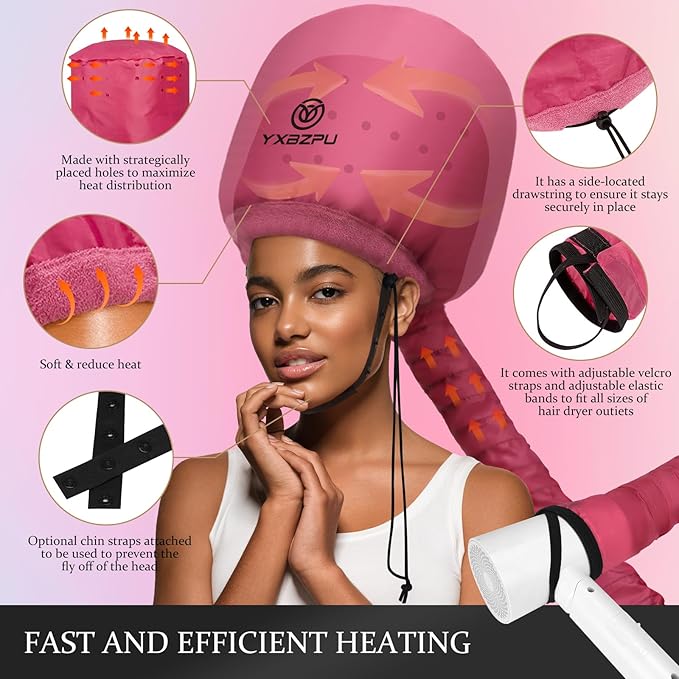 Hooded Hair Dryer Attachment, Hair Dryer Caps for Curly, Speeds Up Drying Time, Safety Deep Conditioning At Home (Rose Red)
