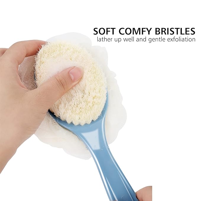 Shower Body Brush with Bristles and Loofah,Back Scrubber Bath Mesh Sponge with Curved Long Handle for Skin Exfoliating Bath, Massage Bristles Suitable for Wet or Dry, Men and Women (Black)