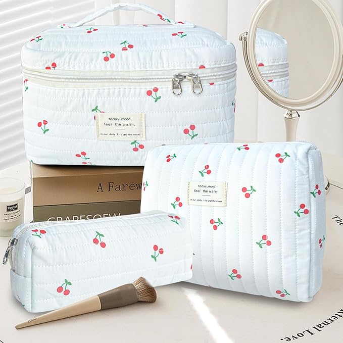 3Pcs Cotton Quilted Makeup Bag Large Travel Cosmetic Bag Coquette Makeup Pouch Cute Aesthetic Floral Toiletry Bag for Women Girls (flower-V)