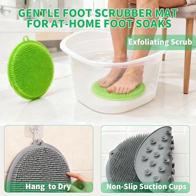 2 Pack Shower Foot Scrubber & Shower Back Scrubber Wall Mounted with Delicate Brush,Gentle Exfoliation Non-Slip Foot Scrubber Mat (Gray and Green)