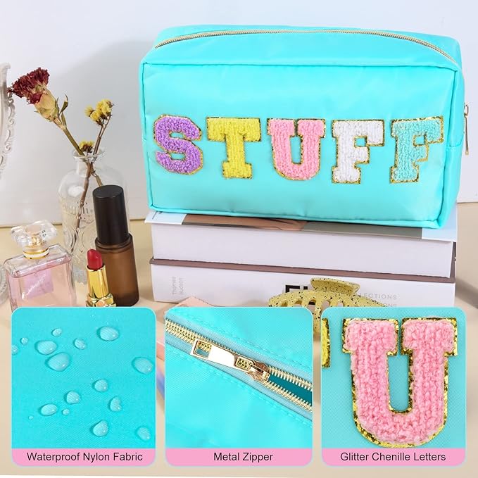 SOIDRAM Preppy Makeup Bag Nylon Cosmetic Bag Blue Stuff Makeup Pouch for Women Travel Toiletry Bag Organizer Cute Makeup Brushes Storage Bag with Chenille Letter Patches