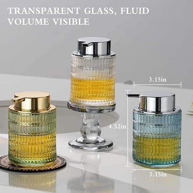 Glass Foam Soap Dispenser for Kitchen & Bathroom, Refillable Lotion Dispenser with Large Gold Pump(Striped Pattern-Green)