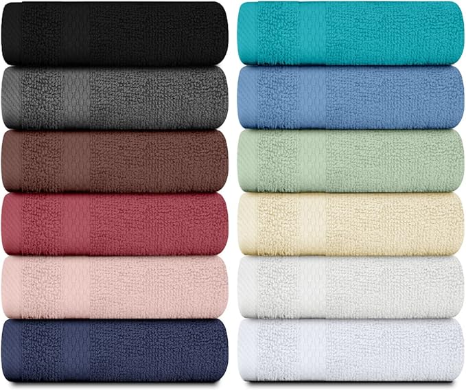 White Classic Luxury Cotton Washcloths 13x13 Inch - 650 GSM Turkish Cotton | Hotel, Spa, Bathroom Face Towel | 12 Pack, Multicolor