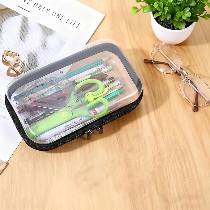 2PC Black Small Clear Hard Shell Zipper Case, Double Zippers Plastic Storage Box for Snacks Makeup Toiletries & Cosmetic Tools