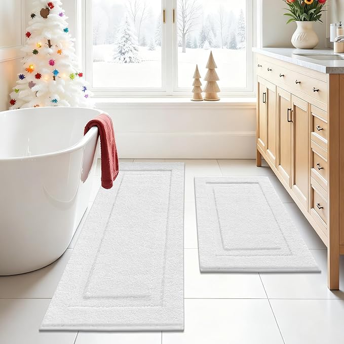 SHACOS White Bathroom Rugs Sets 2 Piece 32x20 + 47x20 inch, Non Slip Bath Mat Microfiber Washable Bathroom Rugs, Soft Fluffy Water Absorbent Bath Mat Set of 2