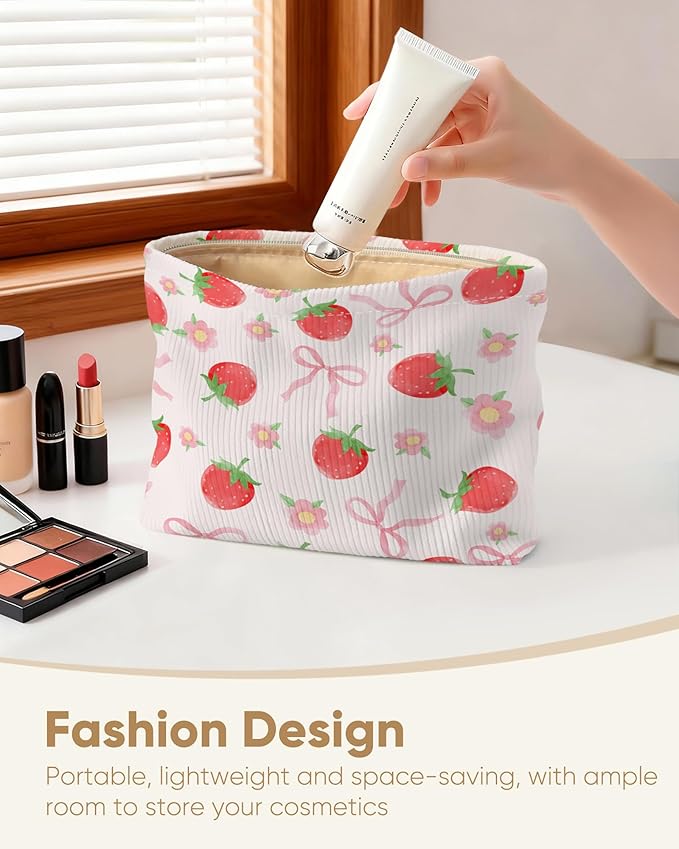 Cute Pink Bows Makeup Pouch for Women Small Make Up Bag for Purse Zipper Initial Makeup Cosmetic Bags Pouches for Purse Aesthetic Travel Toiletry Bags Gift, Red Strawberry