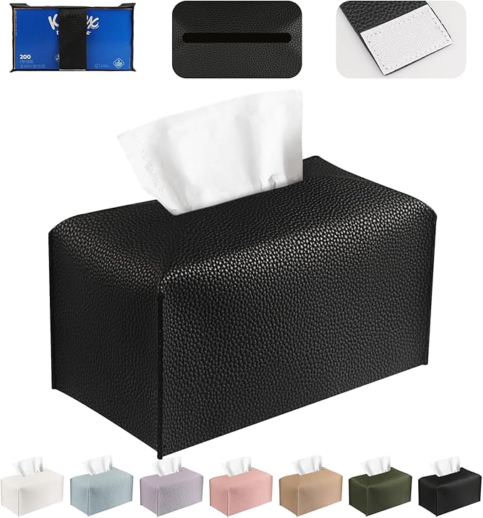 Tissue Box Cover PU Leather Tissue Holder Rectangle Facial Tissue Case Tissue Box Organizer Dispenser for Bathroom, Kitchen, Home, Office, Tabletop (Black, Tall)