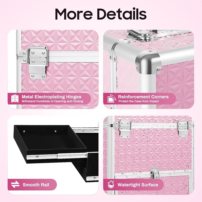 Rolling Makeup Case, Nail Storage Box with Wheels Portable Makeup Trolley for Beauty Studio Hairdressers Nail Technician (Pink)