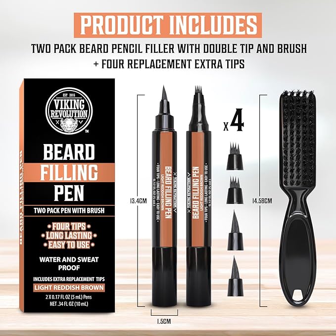 Viking Revolution Beard Pen (2 Pack) - Light Reddish Brown Beard Pencil Filler for Men - Beard Filler for Men Waterproof Beard Filling Pen Kit - Long Lasting Beard Filler Pen with Brush