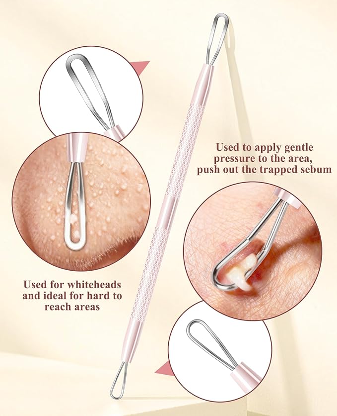 3PCS Pimple Extractor Acne Treatment Tool Professional Stainless Blackhead Comedone Removal Popper Tool for Face Nose Blackhead Extractor Tool (Pink)