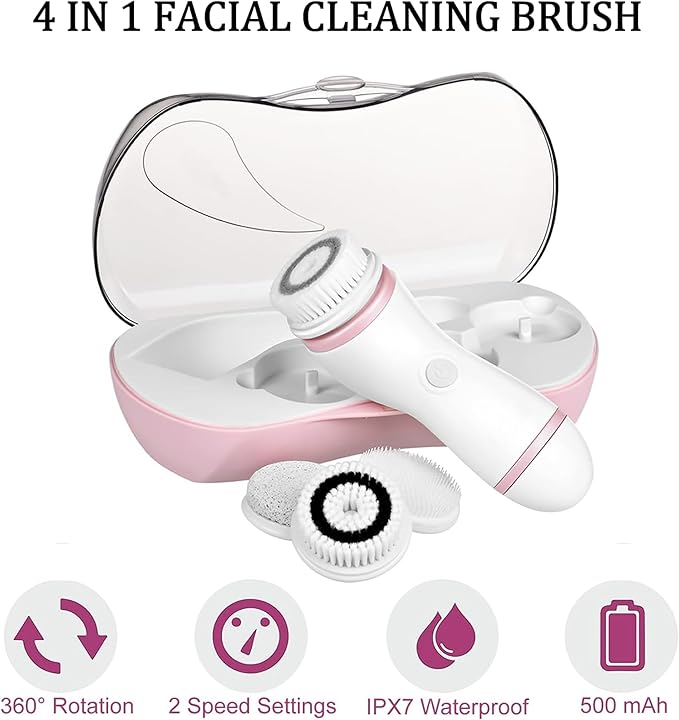 Facial Cleansing Brush, 4 in 1 Electric Face Scrubber with Travel Case and 4 Brush Heads, Waterproof Facial Cleansing Spin Brush for Gentle Exfoliation and Deep Cleaning (Pink)