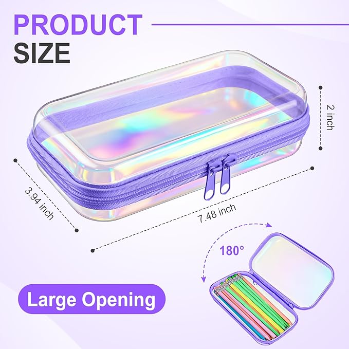 Hoolerry 4 Pcs Hard Clear Zipper Case Makeup Bags Plastic Zipper Pouch Transparent Storage Box Containers for Cosmetics, Snacks, Building Blocks, Puzzles(Clear,7.5 x 3.9 x 2 in,Purple Laser)