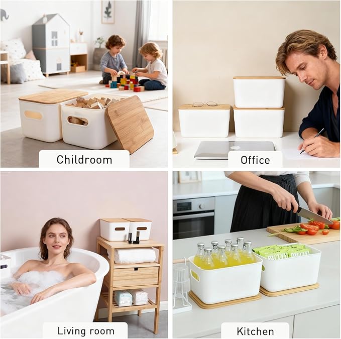 Citylife Storage Bins with Bamboo Lids 6QT Plastic Storage Containers Stackable Organizer Boxes with Handle for Desk Snacks, Toys, 2 PCS, 10"L x 7"W x 6.18"H