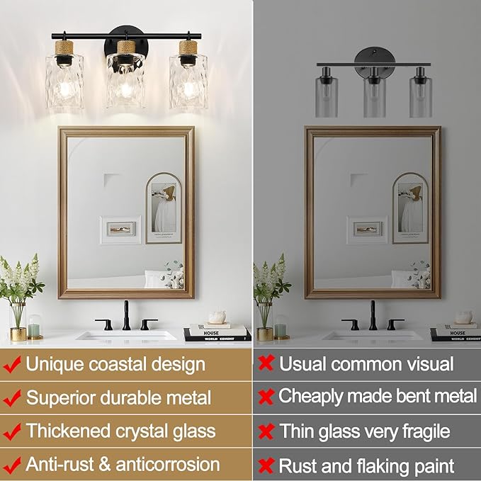 Bathroom Light Fixtures, 3-Light Coastal Vanity Lights with Crystal Glass Shade, Black Bathroom Wall Lamp for Mirror Kitchen Hallway Cabinet
