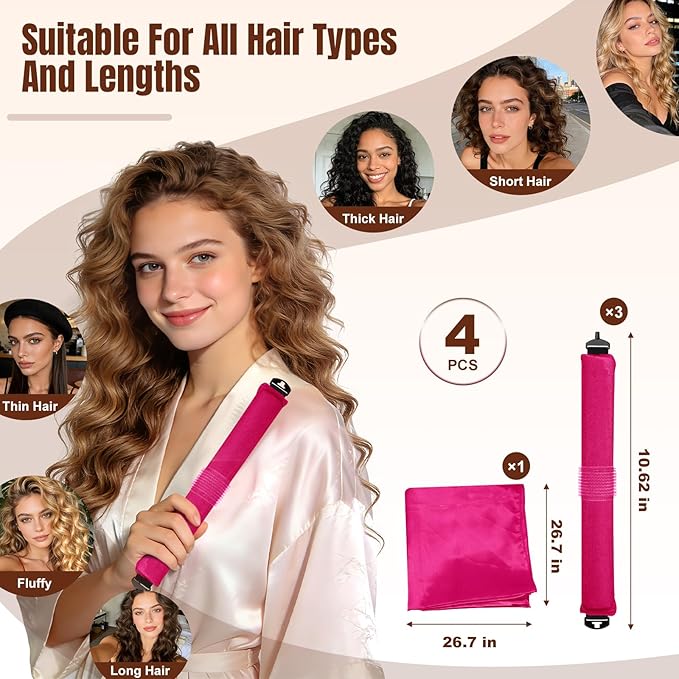 TULOBI 3 Pcs Heatless Curls Overnight - Upgraded Velvet Heatless Hair Curler with Velcro Fastener, Overnight Jumbo Blowout Rods, Hair Curlers to Sleep in for All Hair Types (Rose Red)