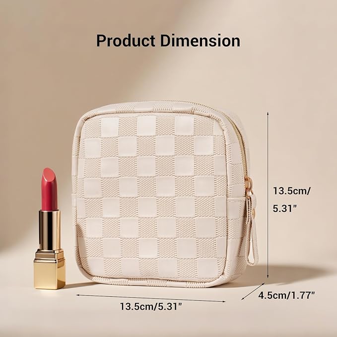 MAGEFY Small Makeup Bag for Purse, Checkered Makeup Bag Small Pouches for purse Leather Mini Make Up Bag Cute Cosmetic Bag for Women with Slip-in Pockets.Beige