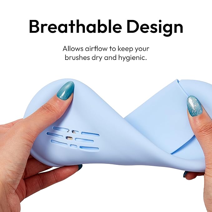 ÉCLAT Silicone Makeup Brush Holder Travel, 3 in 1 Portable Bag With Anti-Fall Out Magnetic Closure & Cleaner Mat Case, Soft Cosmetic Tool Organizer Pouch Keeps Brushes Clean & Dust Free (Blue)
