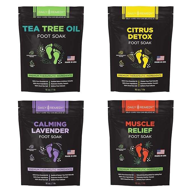 DAILY REMEDY Foot Soak Salts- Variety Pack of 4- Tea Tree Oil, Muscle Relief, Calming Lavender & Citrus Soak- For Foot Pain, Soreness, Athlete’s Foot, Odors, Calluses-Made In USA | Tea Tree Oil, Calming Lavender, Citrus Soak, For Foot Pain, Made In USA
