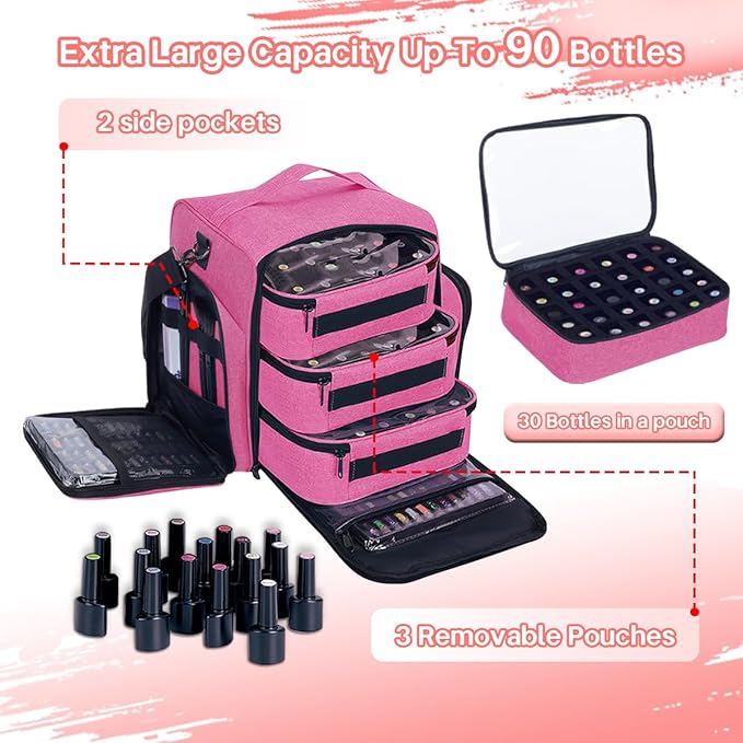 Nail Polish Organizer Storage Box, Holds 90 Bottles of Nail Polish, Portable Travel Case with 3 Separate Storage Bags, Can Be Used for Nail Art Supplies, Manicurists, etc Rose Red