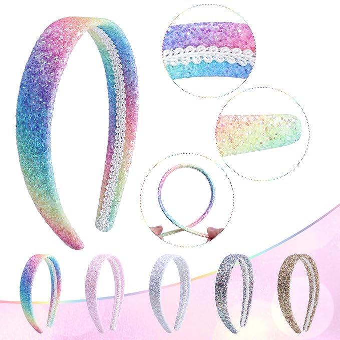 Fishdown Headbands for Girls 3 CM Wide, 5 Pack Cute Sparkly Hair Bands for Kids, Rainbow Sequin Girls Headbands for Kids Children Teens Women