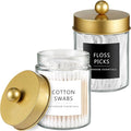Amolliar 2 Pack Qtips Dispenser Holder - Bathroom Countertop Storage Organizer Containers - Glass Apothecary Jars with Gold Plastic Lid for Q-tips Cotton Balls, Swabs, Round Pads, Floss
