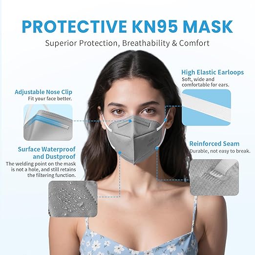 akgk KN95 Face Mask, Breathable Protection Masks, 5-Ply KN95 Multicolor Masks, Cup Dust Safety Masks 50 PCS(Black, White, Grey, Purple, Navy Blue)