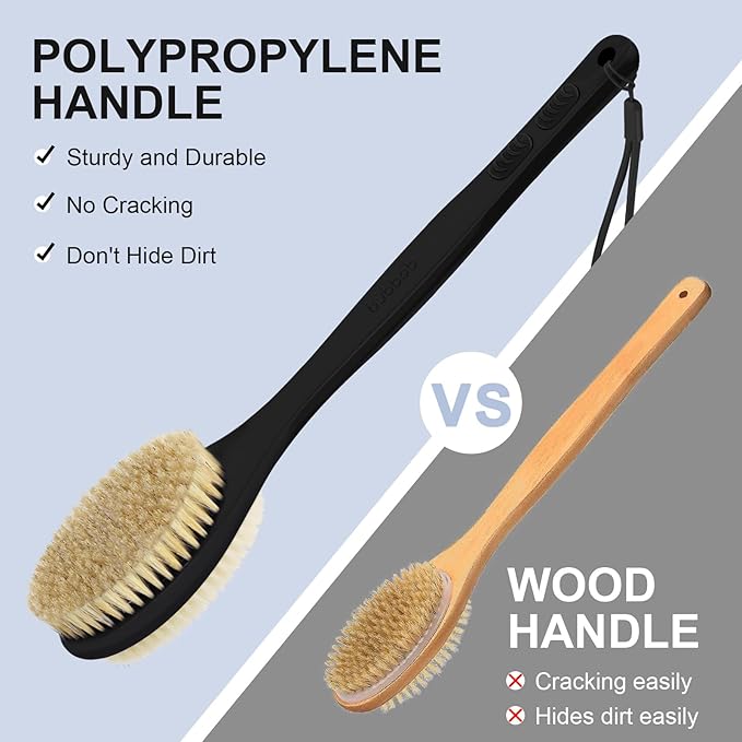 Back Scrubber for Shower with Long Handle, Exfoliating Bath Brush for Body - Double Sided Bristles (Stiff & Soft), Anti-Slip Grip, Lightweight - Gift for Seniors, Includes Lanyard & Hook,Black