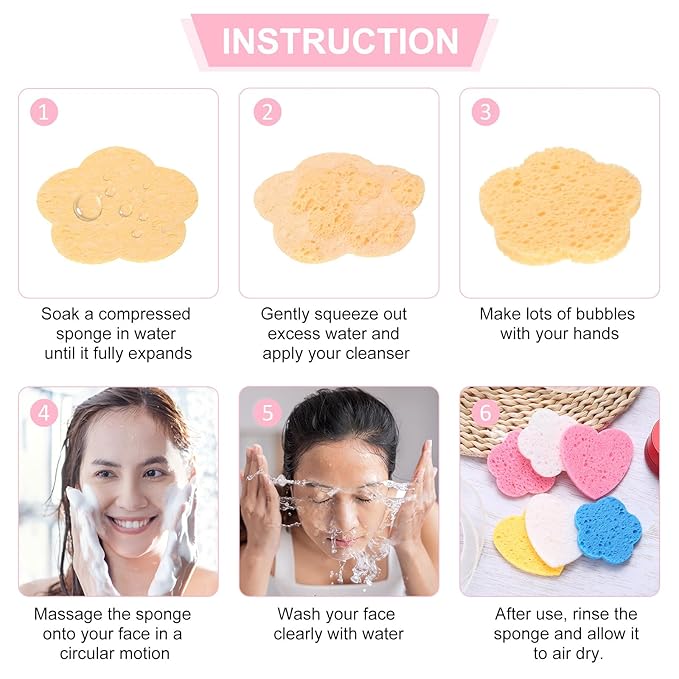 uxcell 120 Count Compressed Facial Sponges Heart-Shaped Face Cleansing Sponges Pads for Daily Skincare Routines at Home, Kitchen, Travel, Blue