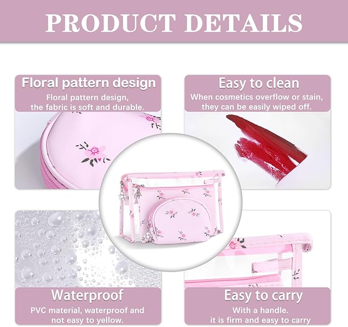 Richeart Makeup Bag, Clear Bag with Zipper, 3PC Floral Flowers Makeup Pouch, Waterproof Small Pouch, Portable Travel Toiletry Bag, A