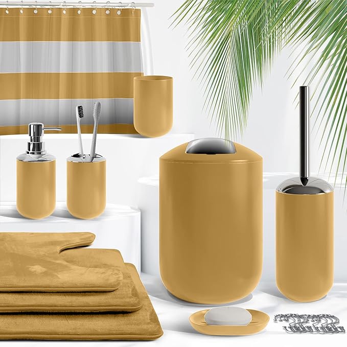 Clara Clark Bathroom Set – Bathroom Sets with Shower Curtain and Rugs, Soft Bathroom Rugs Non Slip, 23PC Gold Bathroom Accessories Set Complete with Bath Rugs, Shower Curtain Set with Liner and Hooks