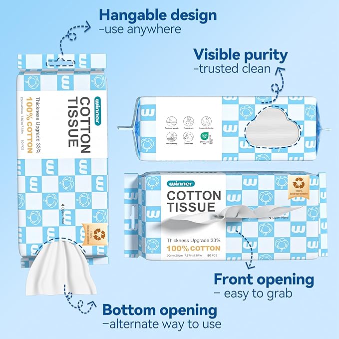 Winner Soft Face Towels, Upgraded Thicker 100% USDA Biobased Facial Towels with Hangable Design, Unscented and Gentle on Sensitive Skin, Disposable Facial Towelettes (480 Count, Pack of 6)