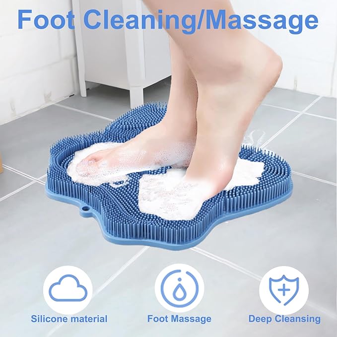 Shower Foot Scrubber, Shower Foot and Back Scrubber with Suction Cups, Shower Silicone Foot Washer for Exfoliating Massage（Blue）